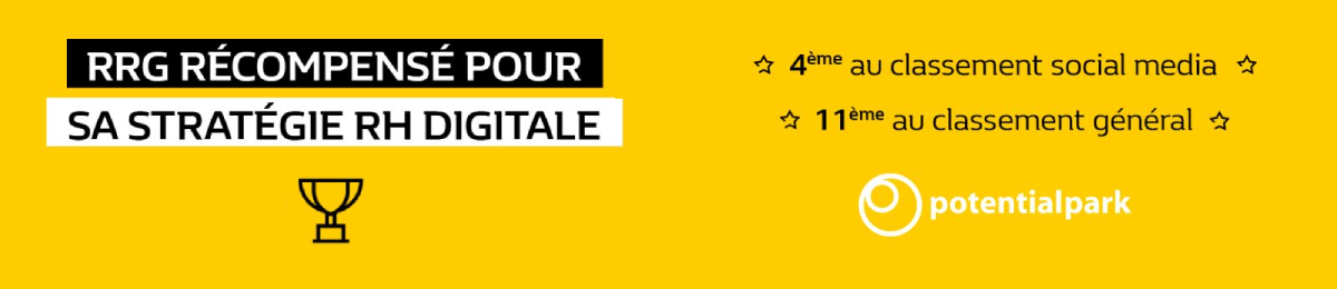 Bannière avec pour texte : RRG récompensé pour sa stratégie RH digitale. 4ème au classement social media, 11ème au classement général potentialpark.